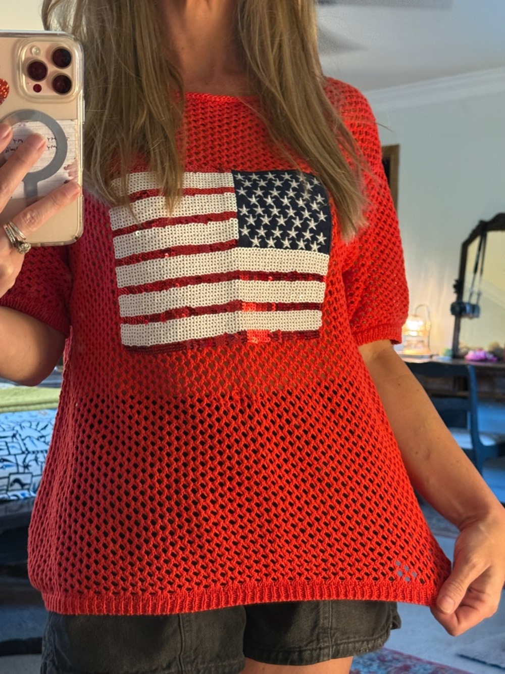 NWOT BIBI Size M American Flag Sequined Crochet Top Size M